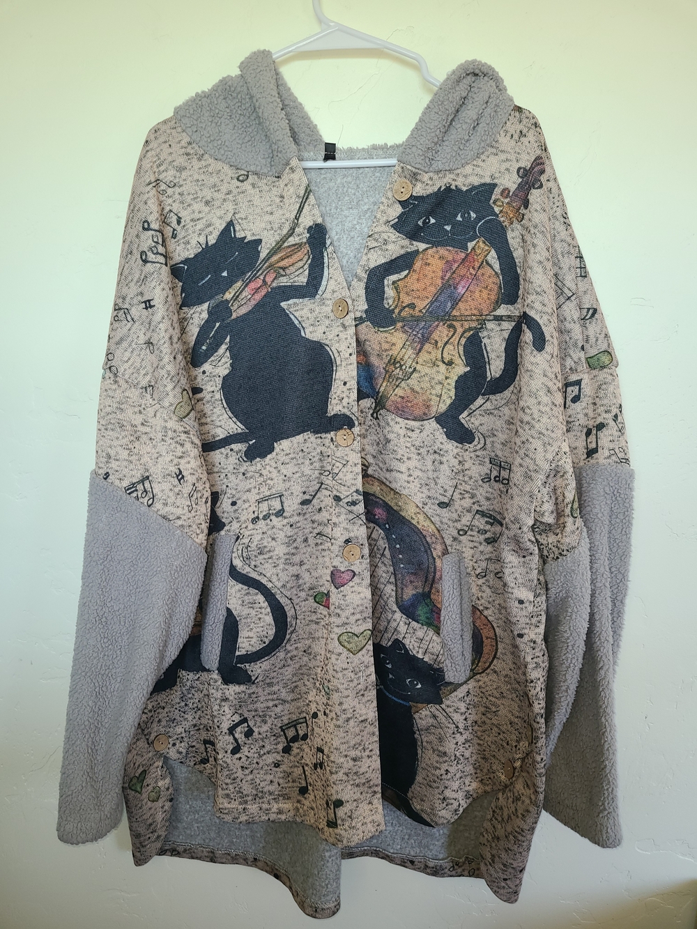 Cozy Cat Musicians Hooded Button Cardigan - Gray, Size 5X